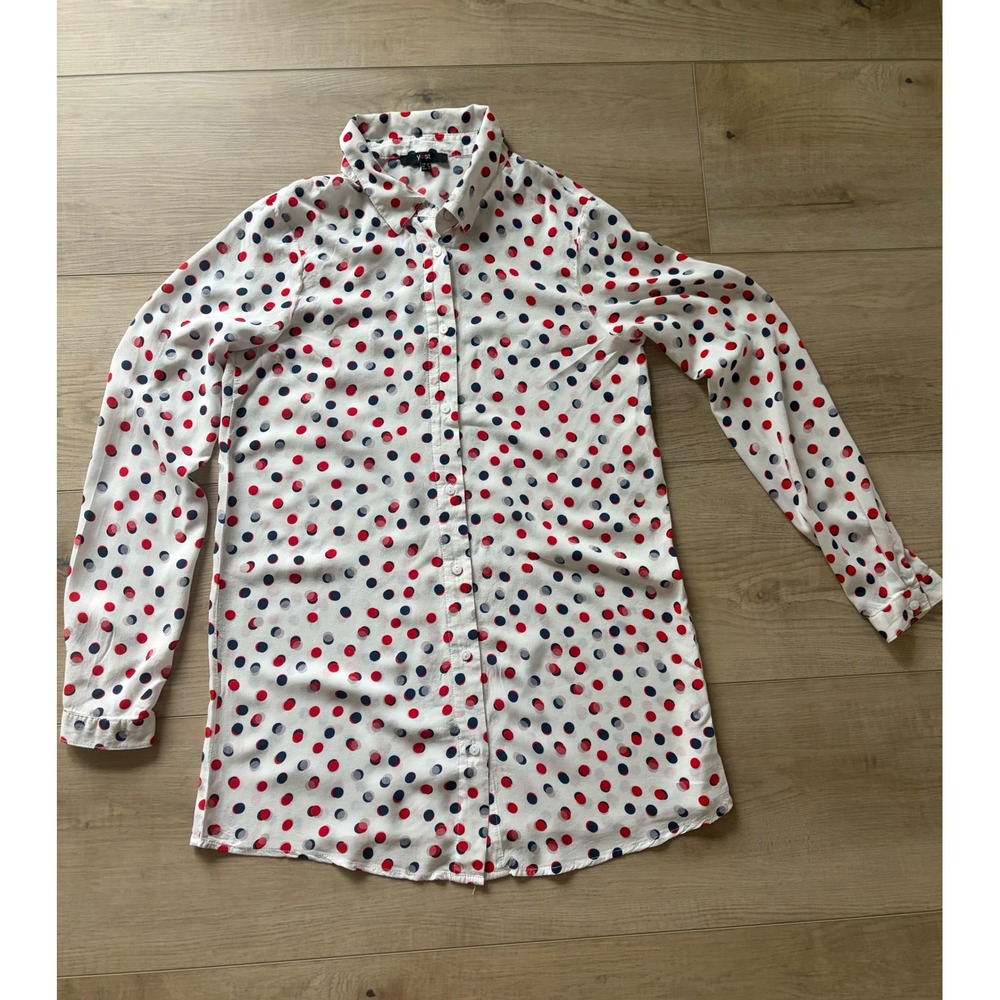 Yest Womens Polka Dot Button Down Shirt White Red Blue Long‎ Sleeve Size 4 Retro